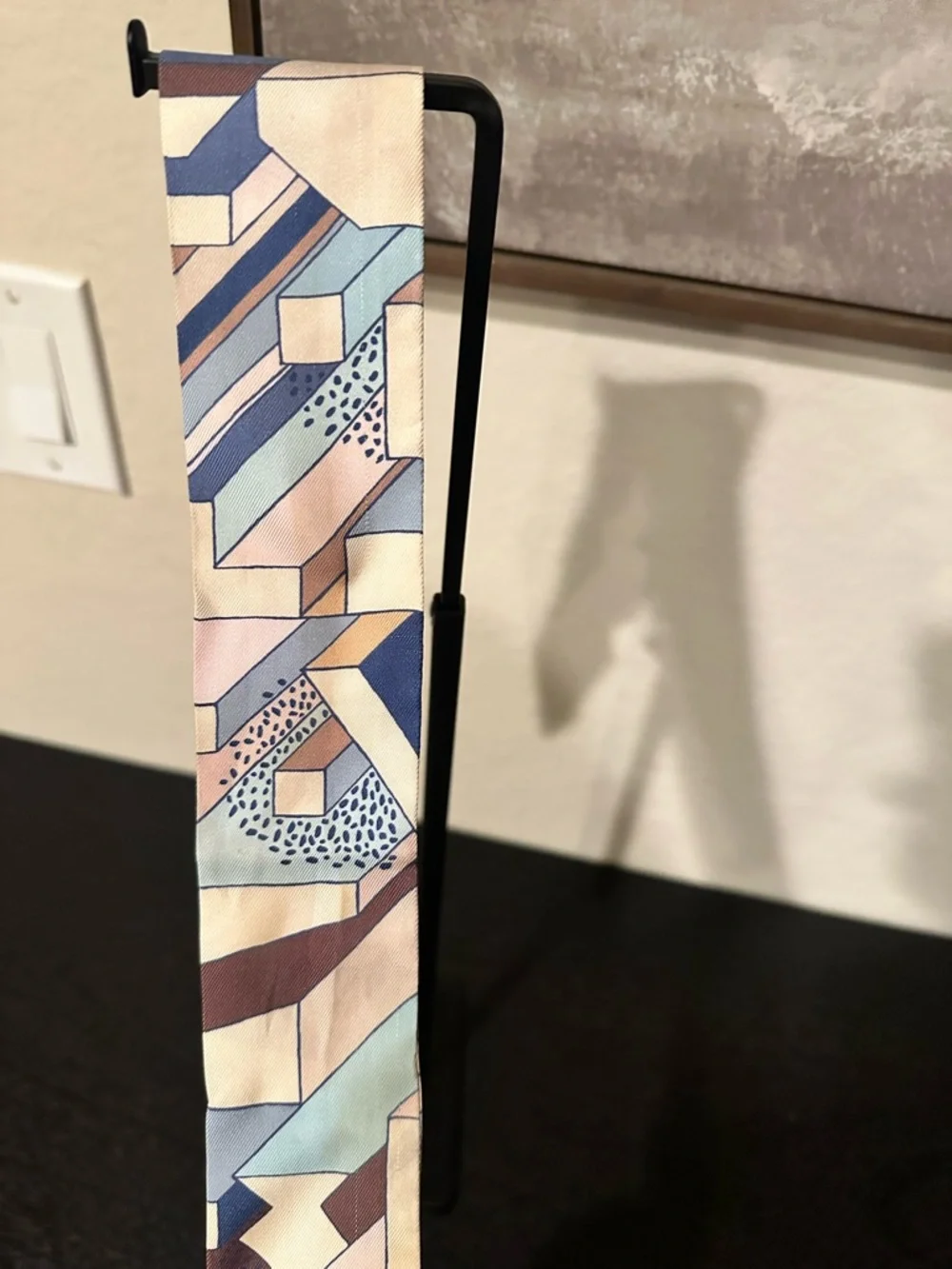 Authentic Hermes Geometric Print Silk Twilly in Blue, Pink, Cream & Tan - Picture 7 of 7